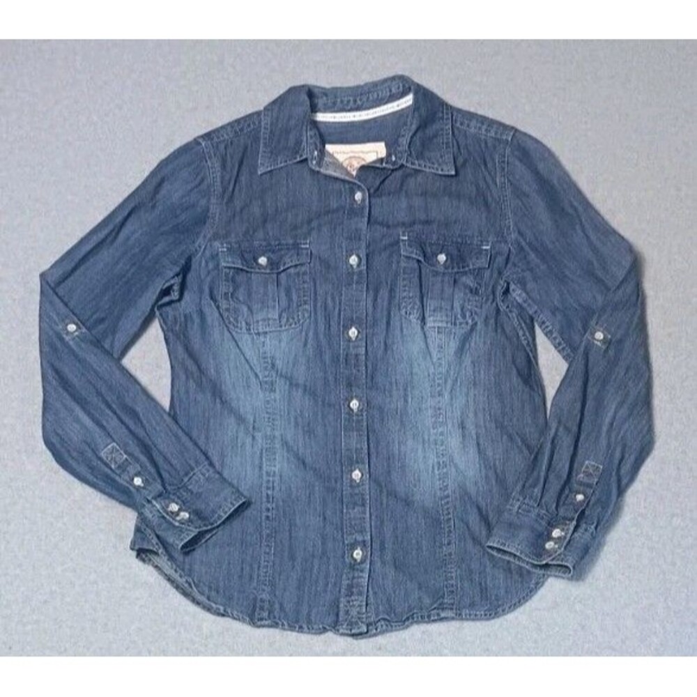 SO Chambray Denim Jean Button Up Ultility Blouse M Western Cowgirlcore Workwear